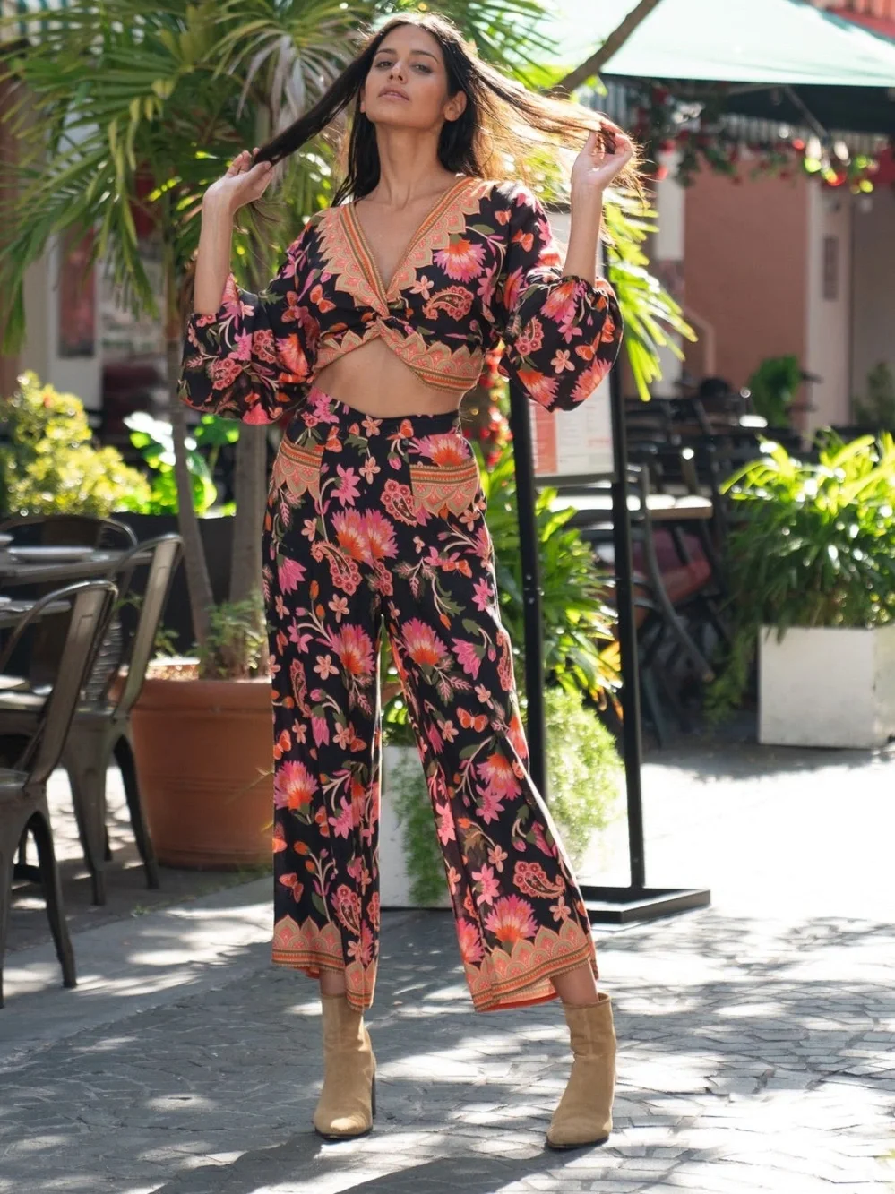 Z&L Europe Raya Viscose Floral Wide-Leg Pants & Crop Long Sleeve Top SET NWT